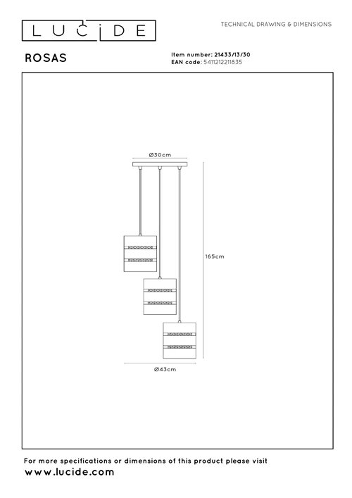 Lucide ROSAS - Pendelleuchten - Ø 43 cm - 3xE27 - Schwarz - technisch